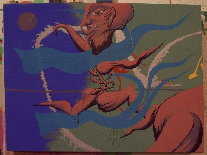 CutFoot Dances With A Beast. Broken Vulture Art. BingoRage Studios. Acrylic, pencil on canvas.