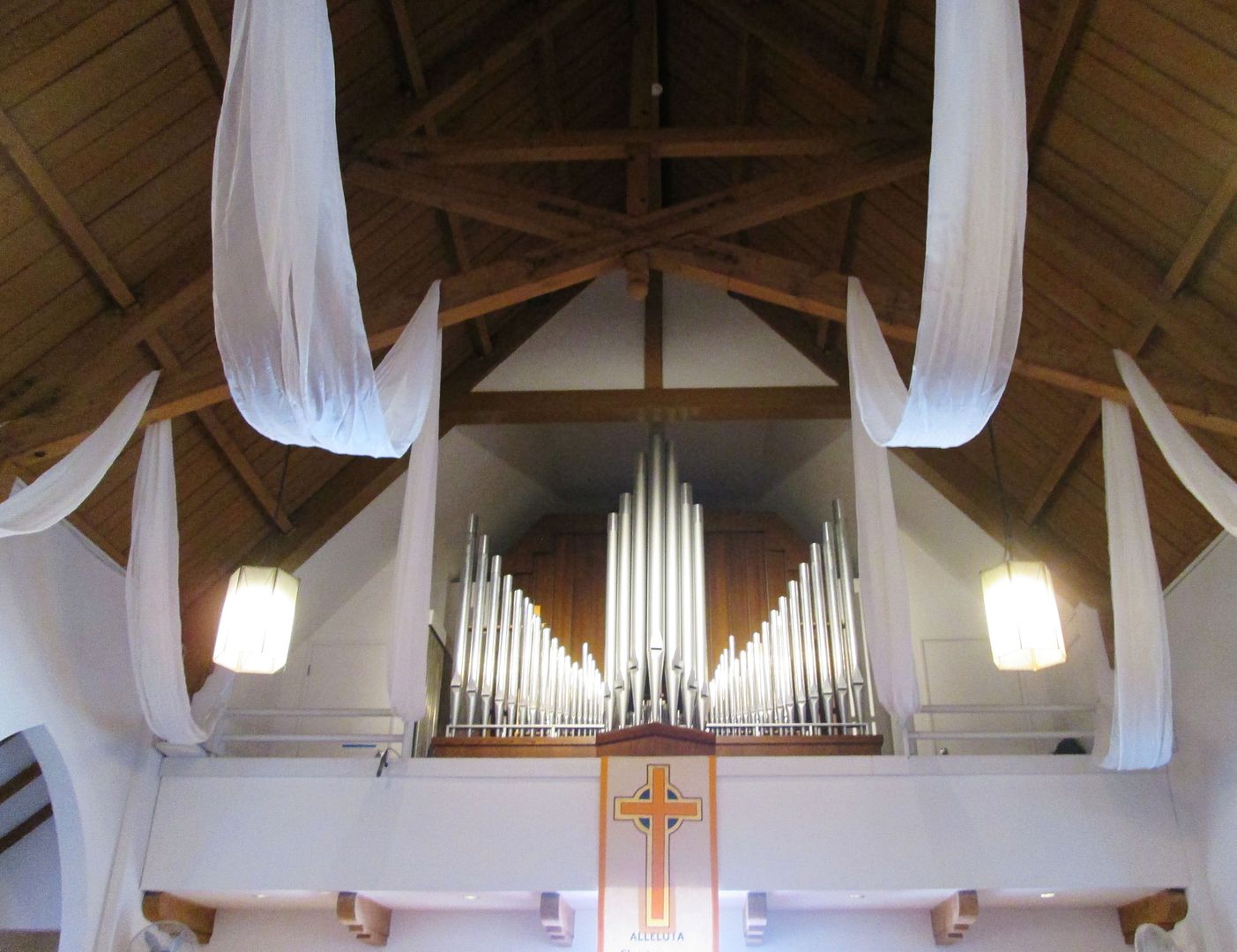 white ceiling banners on easter
