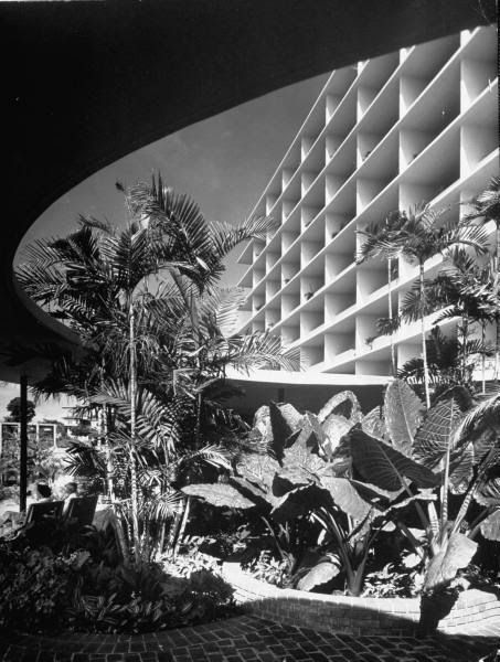 Photograph of the exterior of the Panama Hilton Hotel designed by Edward D. Stone in 1951. Photo taken by Ralph Crane.
