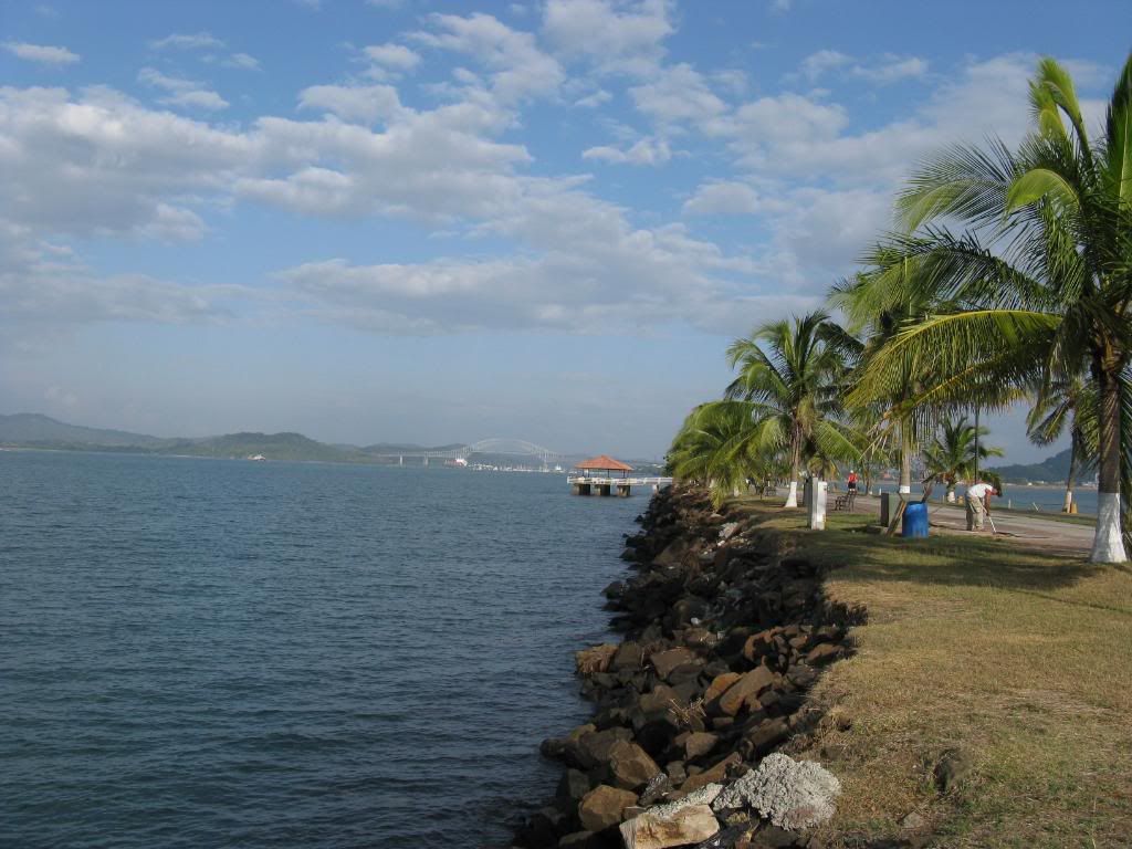 A sideview of the Causeway with a view of the Bridge of the Americas in the background.