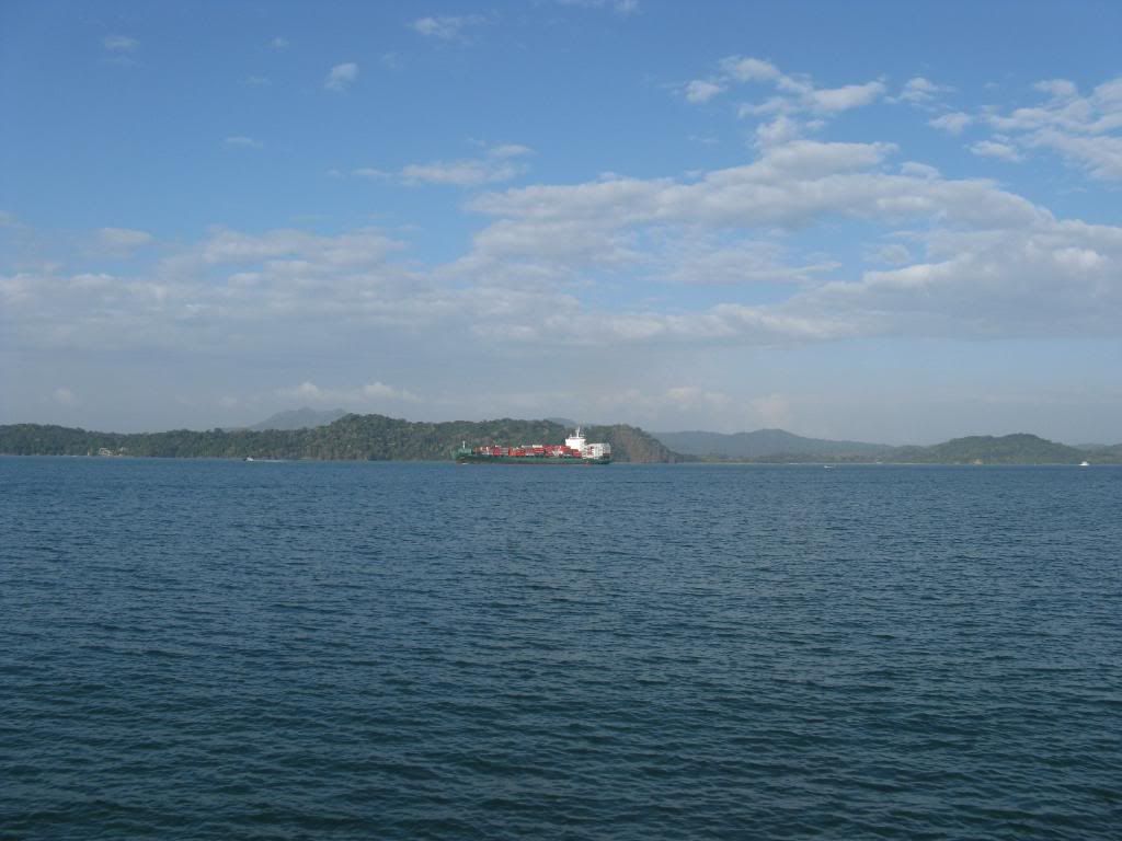 View of a container vessel on its way to the Pacific Ocean after transiting through the Panama Canal.