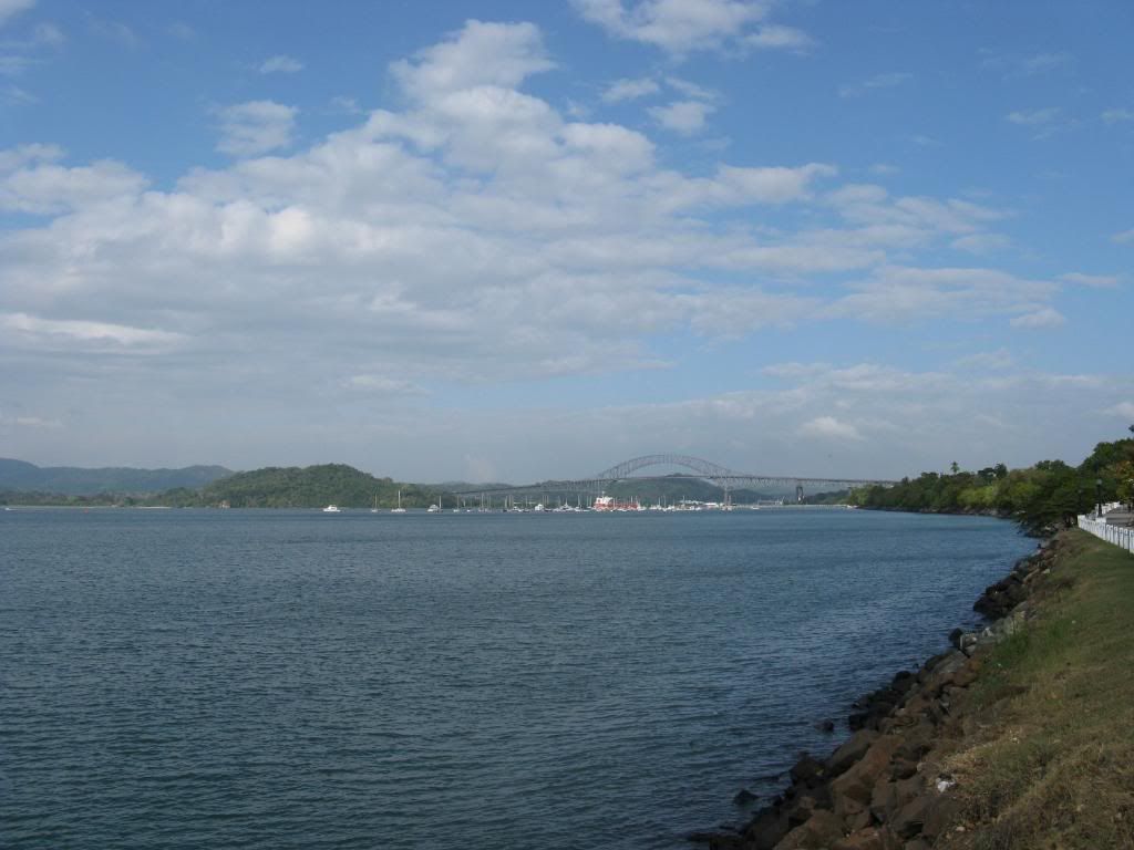 View of the Bridge of the Americas in the background and the Balboa Yacht Clubs boats.