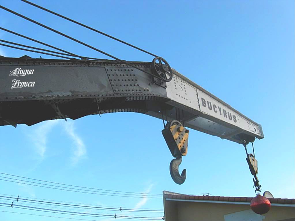Photograph of the long arm of the crane which resembles a giant metallic dynosaurus eating a red ball. (Credit: Omar Upegui R.)