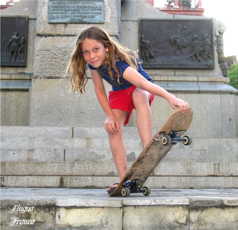 Photograph of Chloe concentrating on her next skateboard move. She never told me what is was. Her floating hair looks awesome. (Credit: Omar Upegui R.)