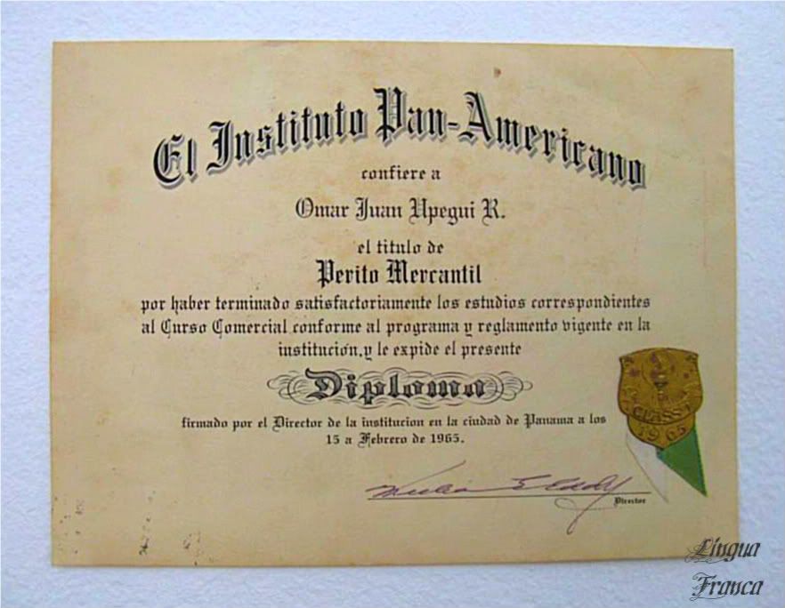 Photograph of my High School Diploma as an Accounting Technician received on February 15, 1965. (Credit: Omar Upegui R.)