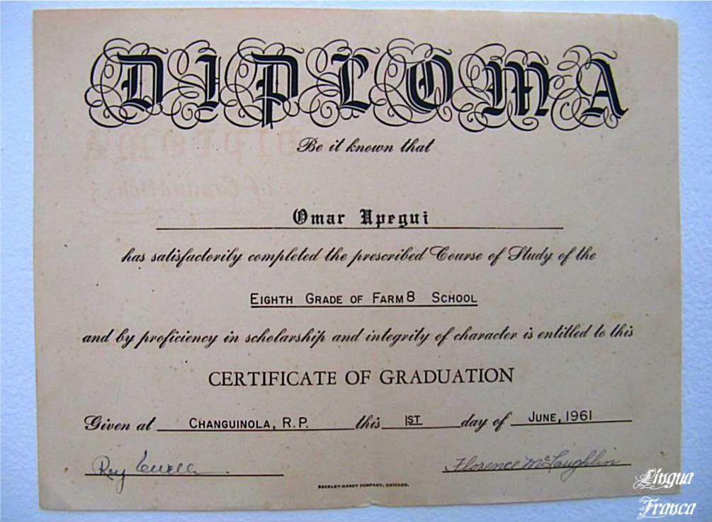 Photograph of my first diploma obtained at the Farm 8 School in Changuinola, Bocas del Toro in Panama. (Credit: Omar Upegui R.)