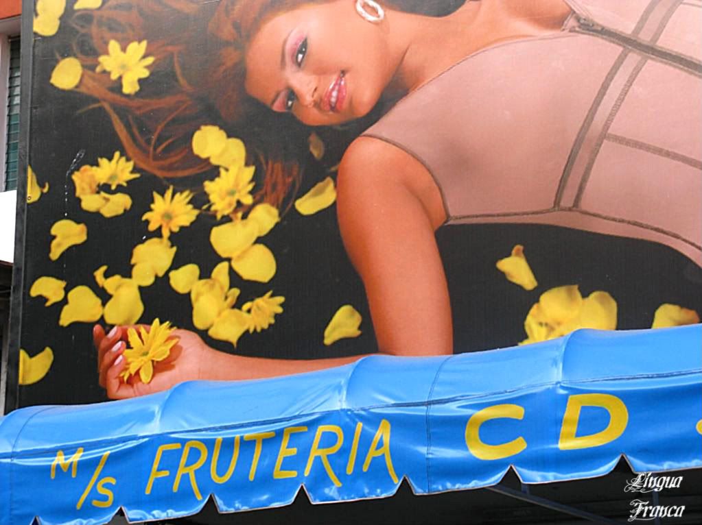 Photograph of a sensual picture of a beautiful woman above of a small sign o a Mini Super at Via Argentina in Panama City, Panama. (Credit: Omar Upegui R.)
