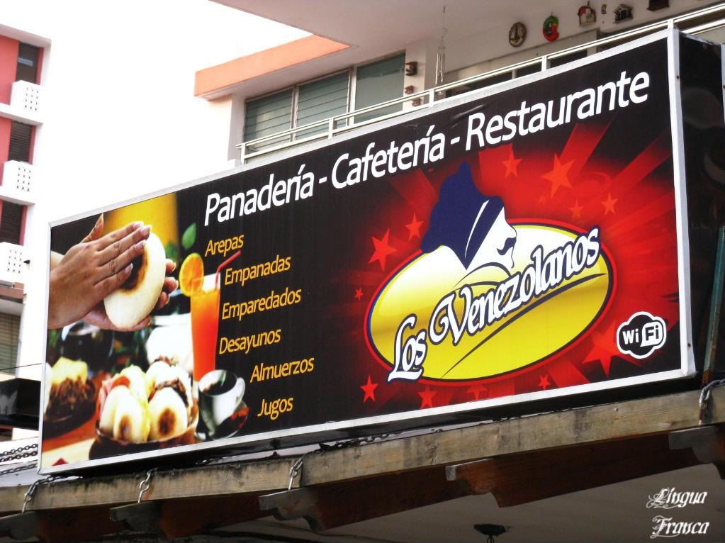 Photograph of a sign of Los Venezolanos Restaurant, Bakery and Cafeteria located at Via Argentina in Panama City, Panama. (Credit: Omar Upegui R.)