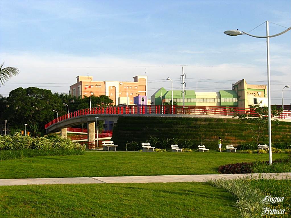 A panoramic view of a pedestrian bridge at La Cinta Costera in Panama City. In the background you can see the Childrens Hospital (the green building). (Credit: Omar Upegui R.)