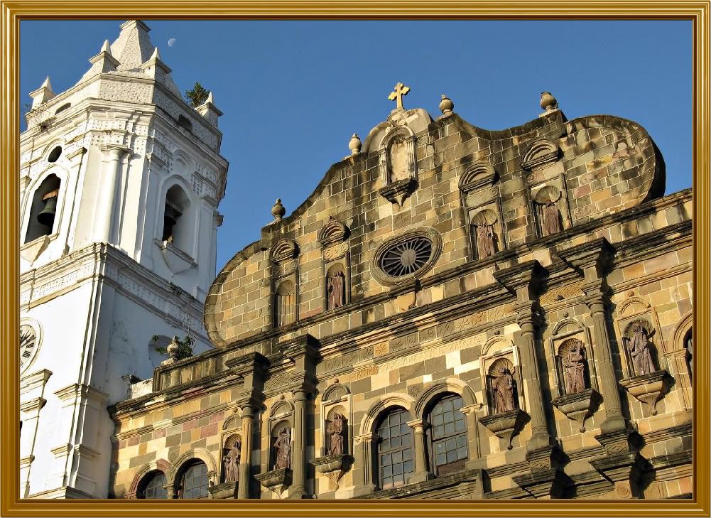 Imposing view of the cathedral with one of its white towers embedded with mother-of-pearls.