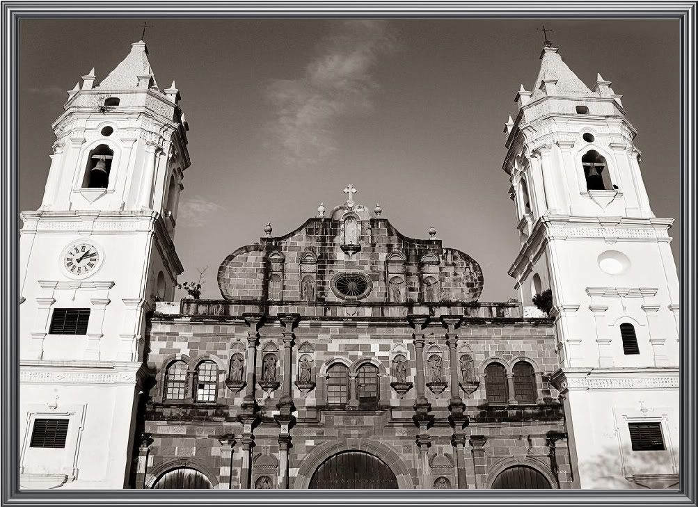 The same previous view of the cathedral presented in black and white with a Sepia shade.