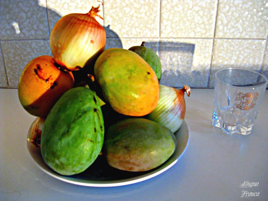Photograph of several green mangoes and a couple of onions. The strong light is coming from an old spotlight I found in one of our bedroom closets. The camera flash was not used. I used Picnik to modify this photograph. (Credit: Omar Upegui R.)